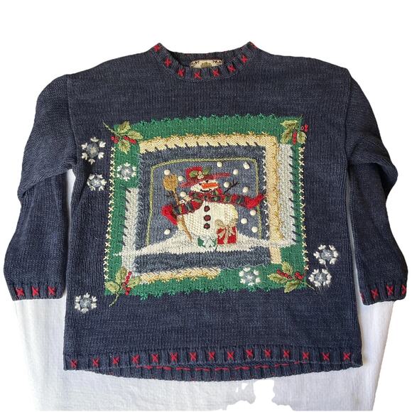 Tiara Petites Women Sweatshirt MEDIUM Navy Graphic Print Snowman Christmas - Picture 1 of 9